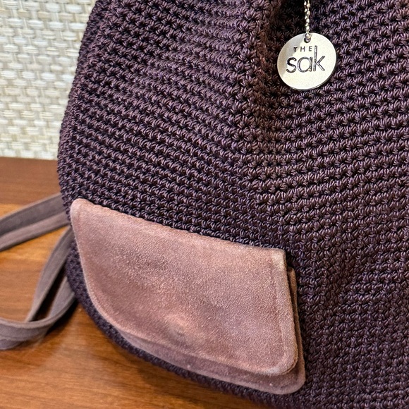 🌟HP🌟VTG 1990s The Sak Crochet Backpack Aubergine Purple 90s Boho Drawstring Bag - Picture 5 of 16